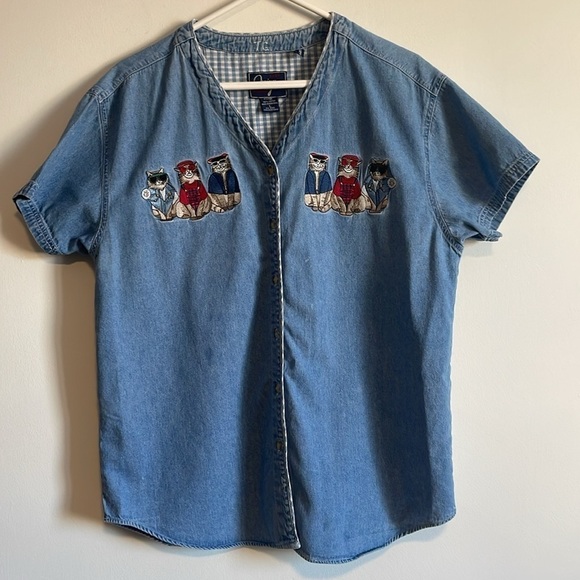 90s Cottage Cat Embroidered Cool Shirt Denim Granny Large Jean Blue Catlady - Picture 3 of 16